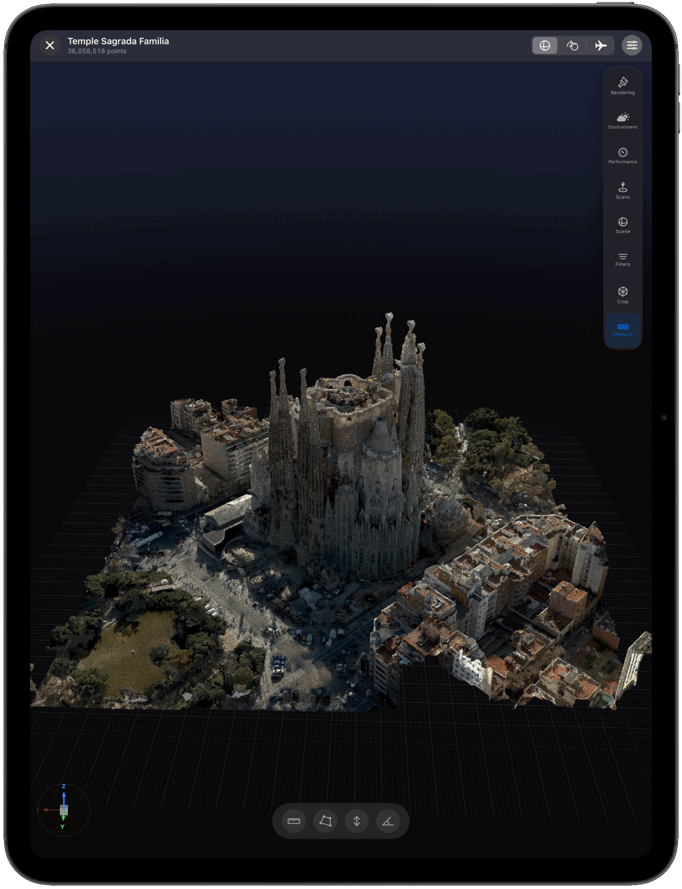 Pointscape on iPad with the measurement and rendering tools strip open