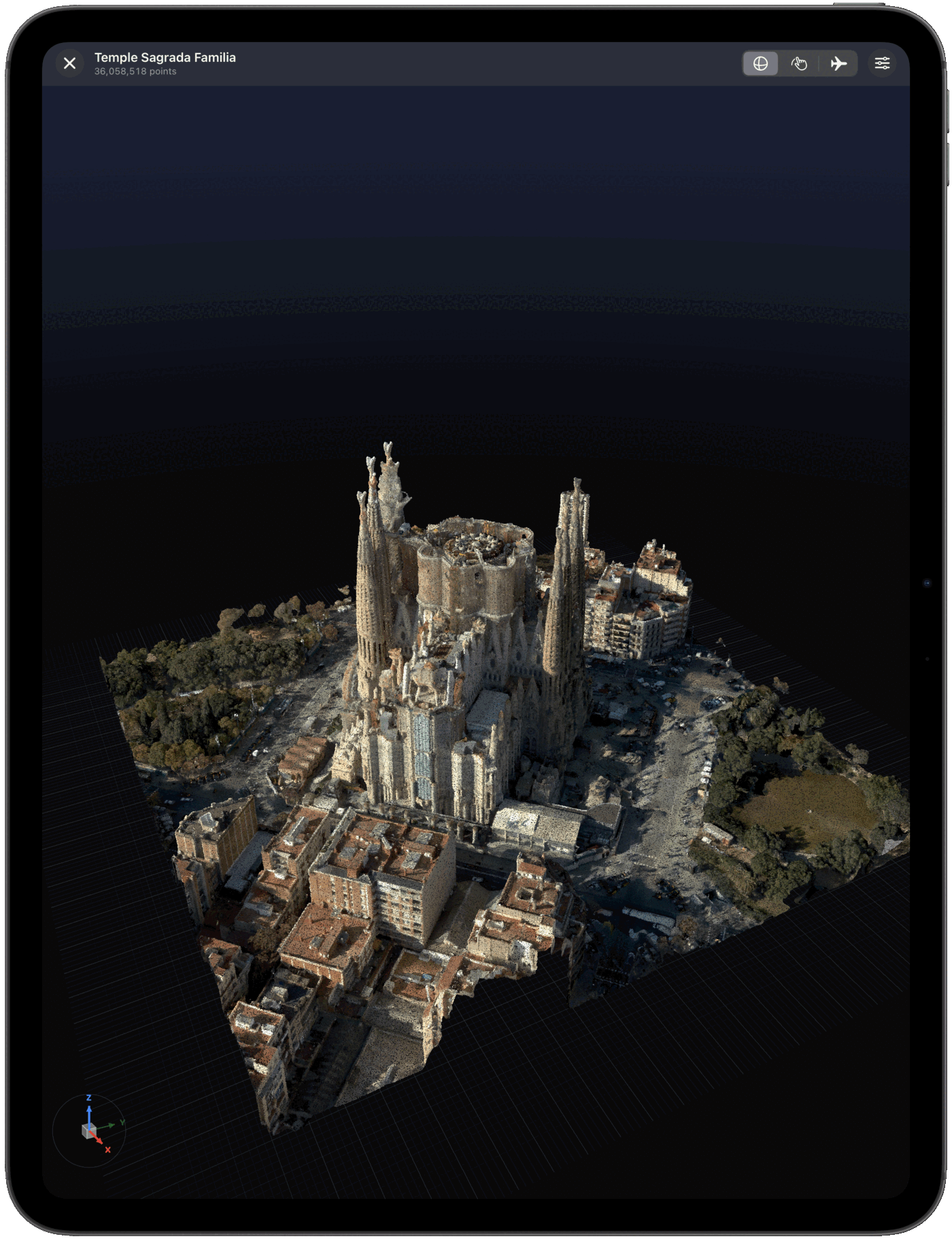Pointscape on iPad showing a detailed 3D point cloud of a building