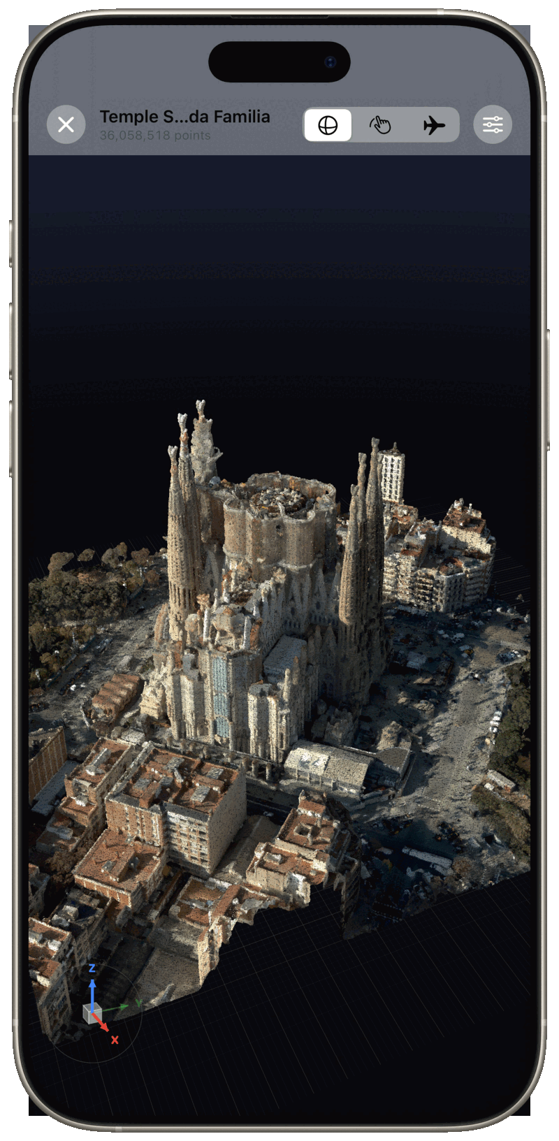 Pointscape on iPhone showing a 3D point cloud